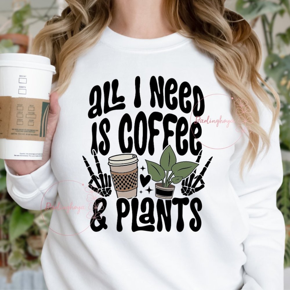 All I Need is Coffee & Plants Retro Unisex Graphic Crew Neck Sweatshirt